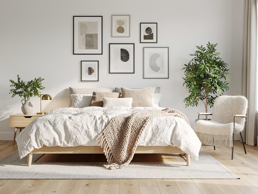 Salón amueblado y decorado en estilo nórdico llave en mano, con maderas claras, textiles cálidos y acentos en latón